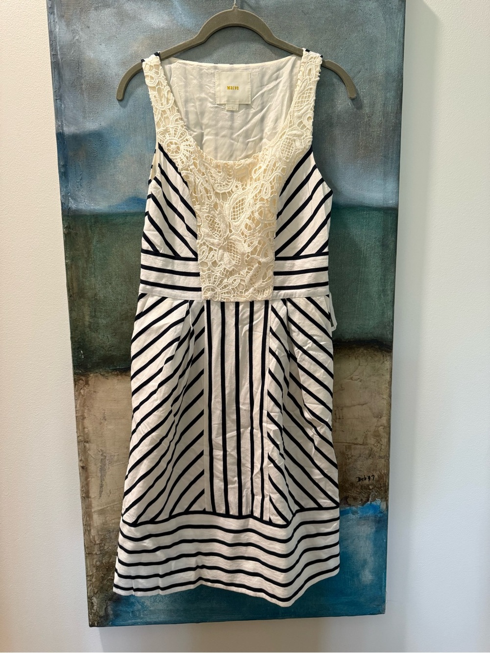 Maeve Navy & White Striped Lace-Yoke Tank Dress